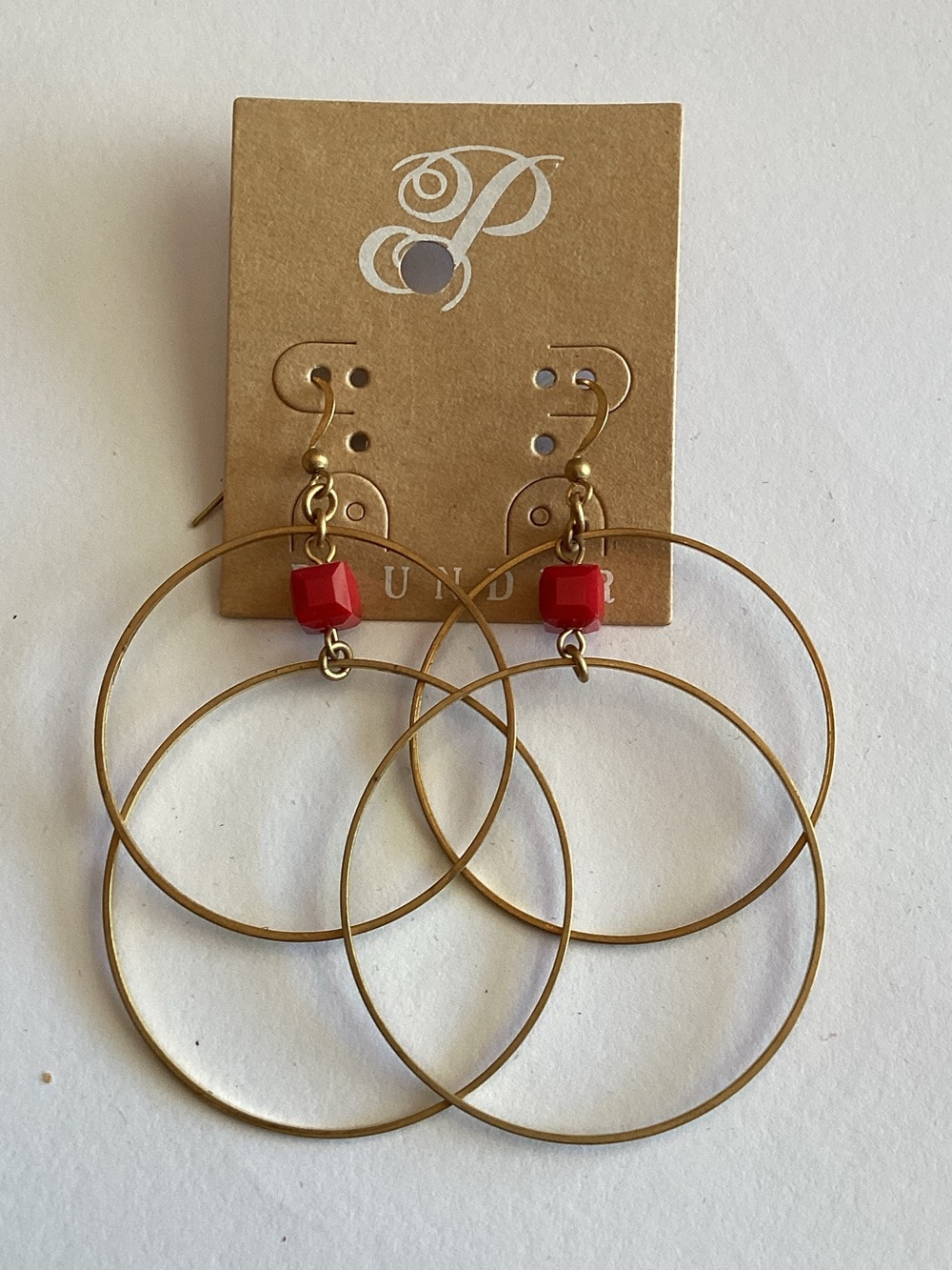 Plunder Gold-Tone Triple Hoop Earrings with Red Bead Accents -‎ Women Jewelry